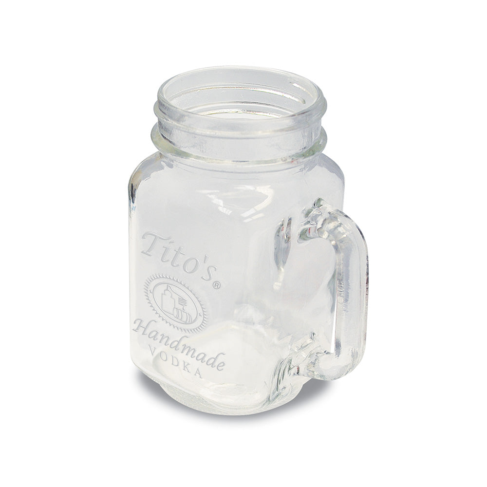 Glass mason jar mug embossed with Tito's Handmade Vodka logo 16oz
